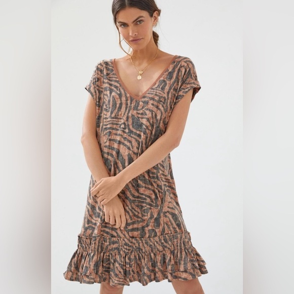 ANTHROPOLOGIE Daily Practice Ruffled Mini Dress Animal Print Brown Size XS - Picture 1 of 14